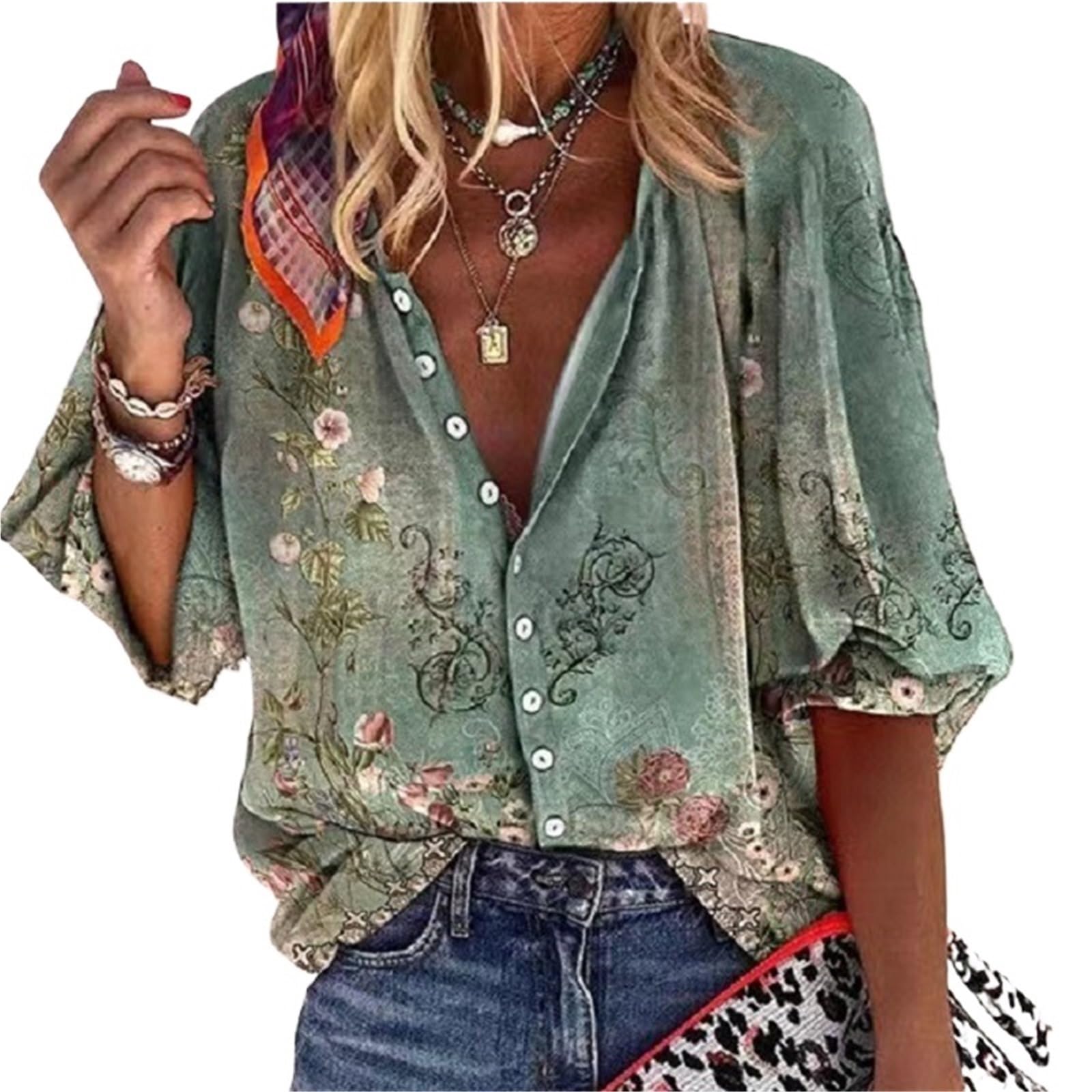 Blusas Casuales de Primavera y Verano for Mujer, Camisas con Cuello en V y Mangas 3/4 con Botones, Blusas Vintage for Mujer