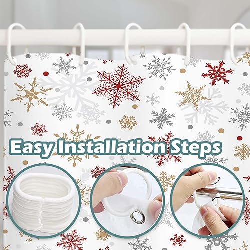 Miniatura 4 de AIBIIN Cortina de ducha con diseño de copos de nieve de Navidad, cortina de ducha de copo de nieve de invierno plateado rojo dorado para baño,