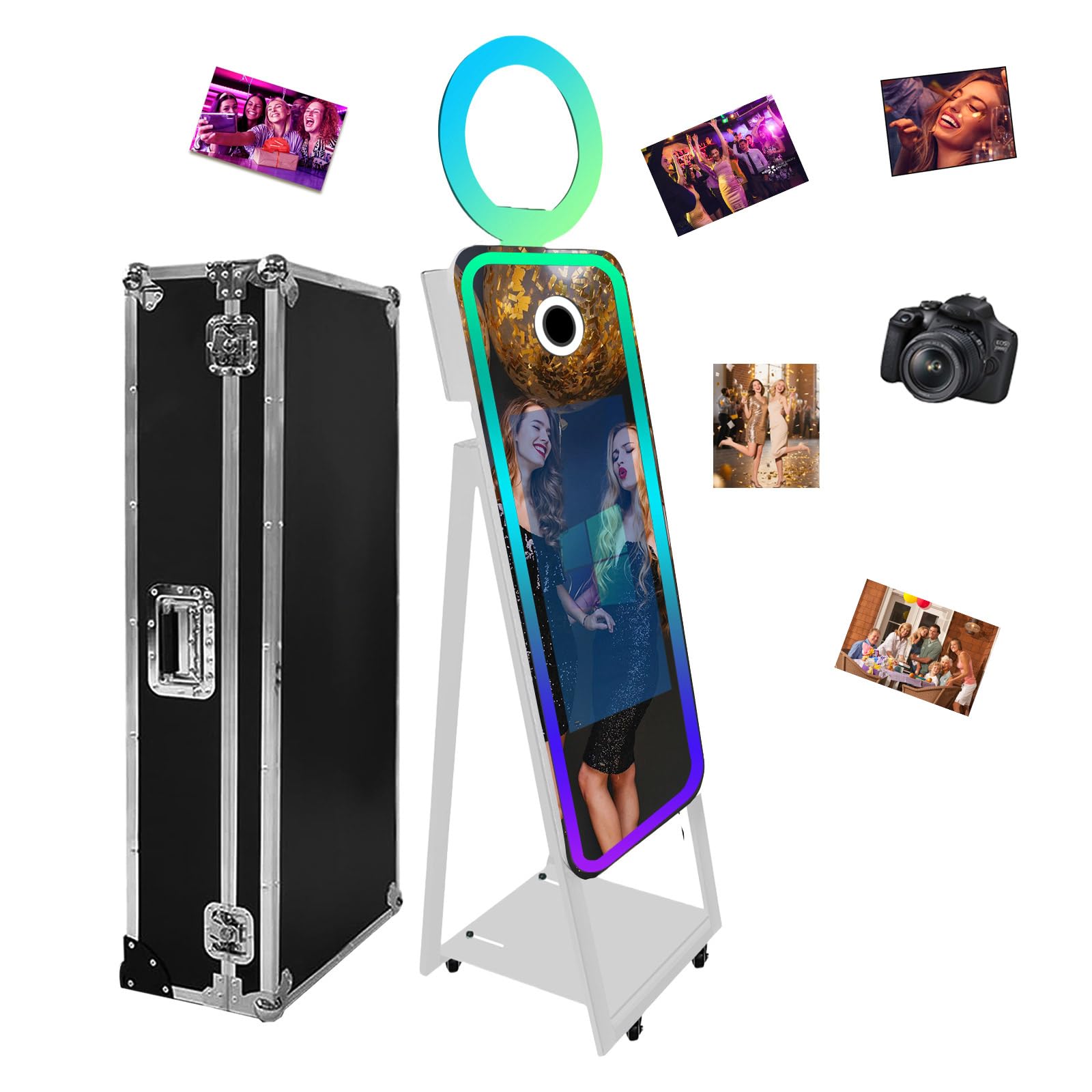 Mirror Photo Booth with Camera Magic Selfie Station Stand Photobooth Machine Touch Screen with Ring Light and Trolley Flight Case for Events Wedding Rental Christmas (White, 40 inch+Camera)