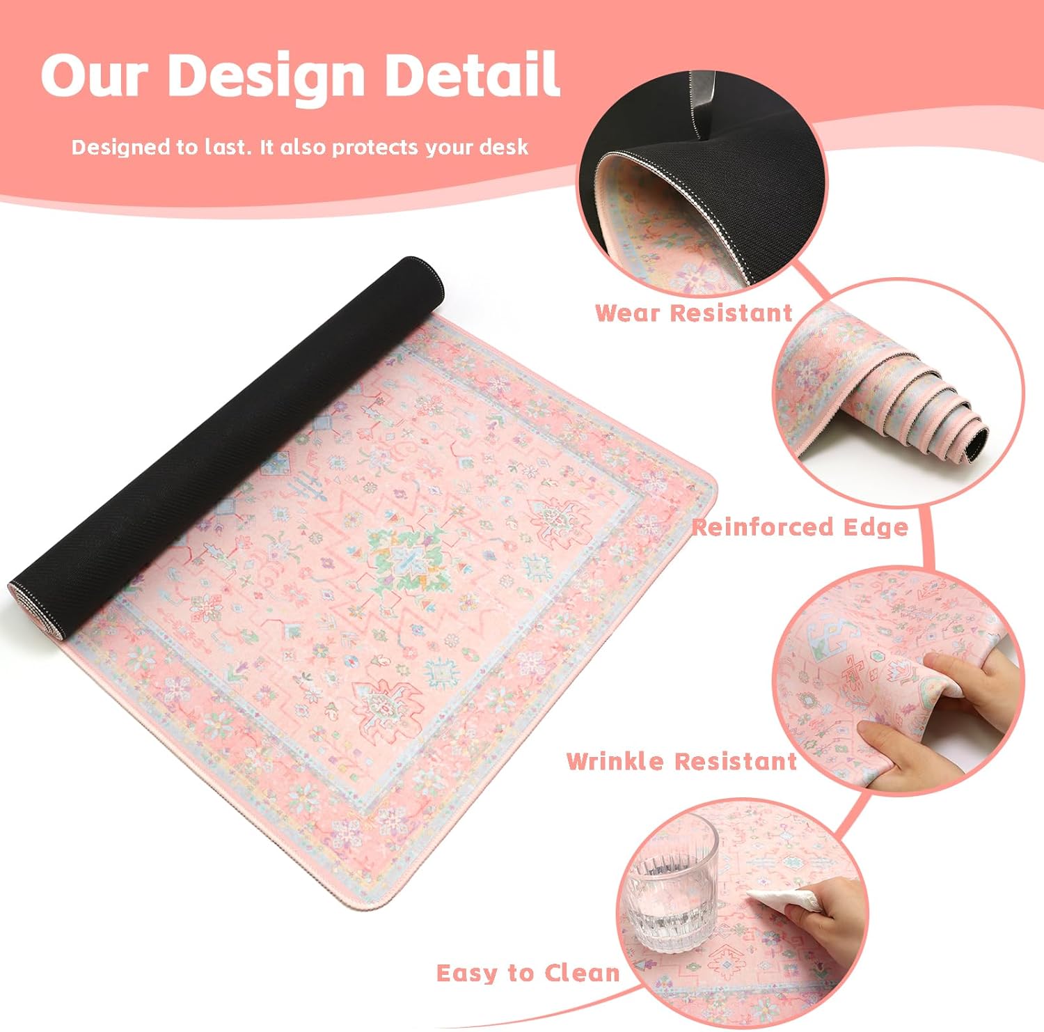 Baziabbo Pink Floral Desk Mat,XXL Extended Big Mouse Pad,Gaming Mousepad with Stitched Edge,Non-Slip Rubber Base Keyboard Desk Pad for Home Office Study Game - Image 4