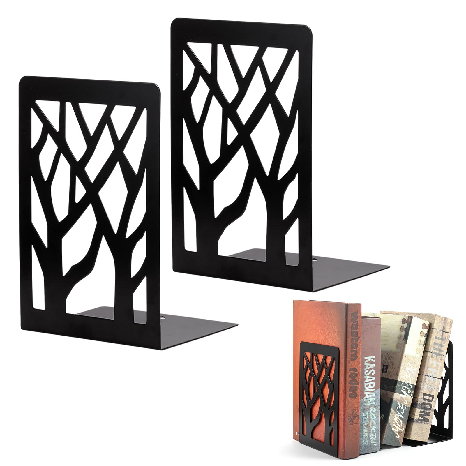 Sujetalibros,Sujeta Libros Estanteria,Metal Sujeta Libros,Sujeta Libros Estantería de Metal,Sombra del árbol Apoya Libros,Sujetalibros para Libros Gruesos,para Infantil,Oficina,Escuelas,Negro,1 Pare