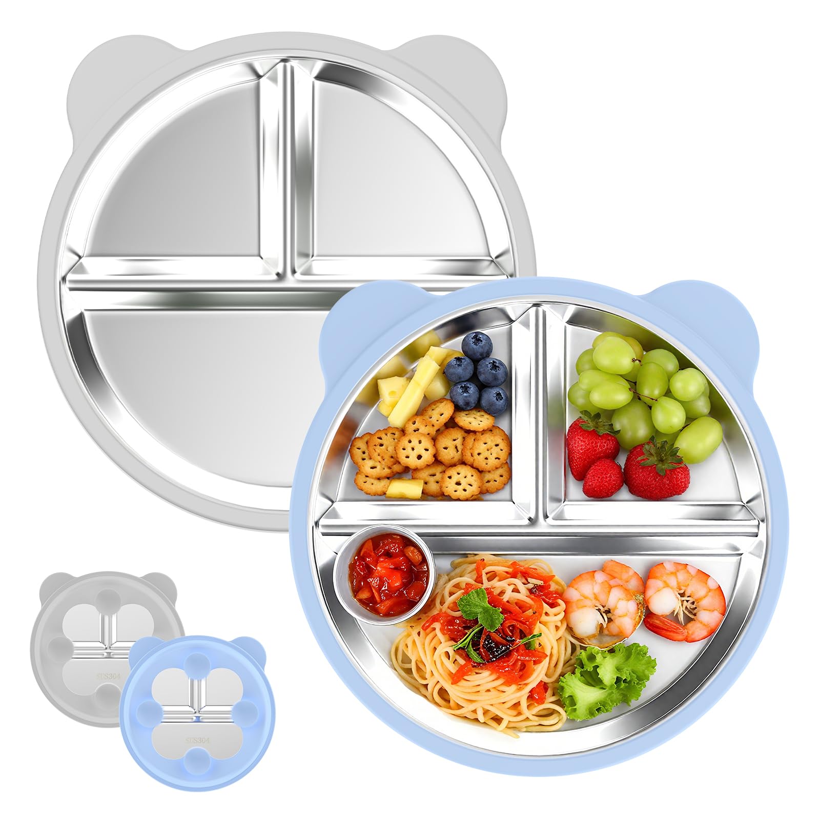 Ayciep Edelstahl Baby Teller mit Saugnapf, 2 Stück Silikon Kinderteller mit 4 Saugnäpfen, Edelstahl Teller Baby, BPA-frei, Rutschfeste, Abnehmbare Silikonhülle, Babyteller, Kinderteller, Blau + Grau