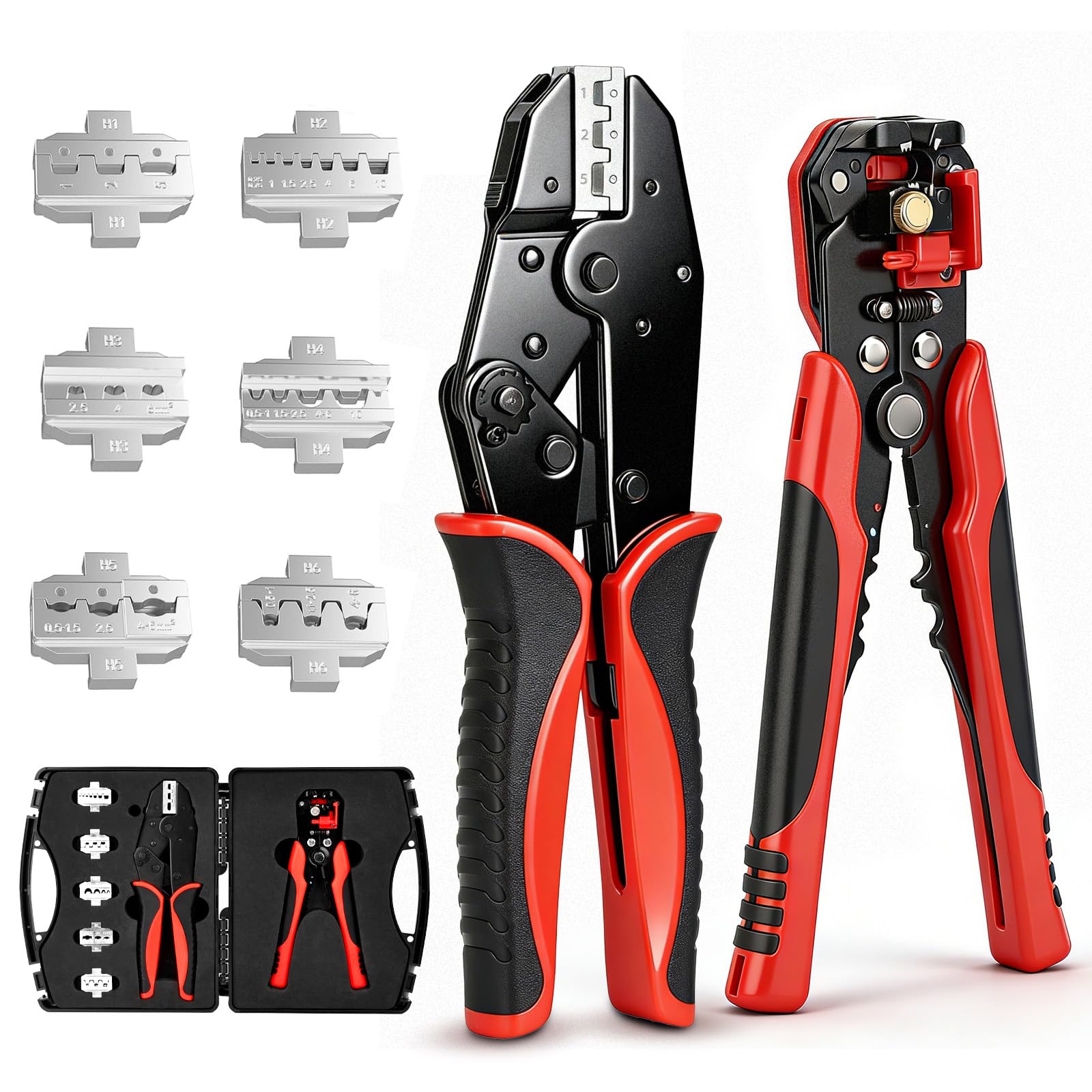 Kit Pinza Crimpatrice 7 Pezzi con 5 Ganasce + Spelafili, Crimpatrice Capicorda per Capicorda Isolati/Non Isolati, Faston, Terminali Elettrici, Attrezzatura per Elettricisti Professionisti e Fai-da-te