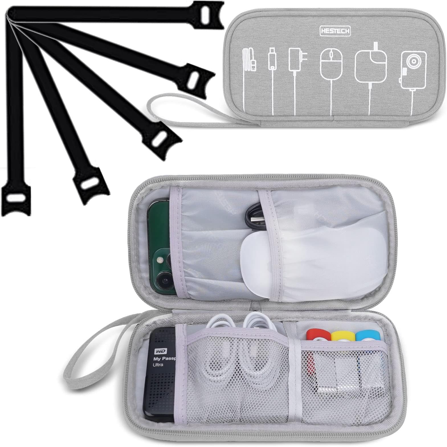 HESTECHSmall Carrying Case for External Hard Drive Phone Sandisk Portable SSD Passport,Travel Tech Cable USB Charger Cord Organizer Pouch with 5PCS Cables Ties,Small Electronics Bag,Zipper Wallet