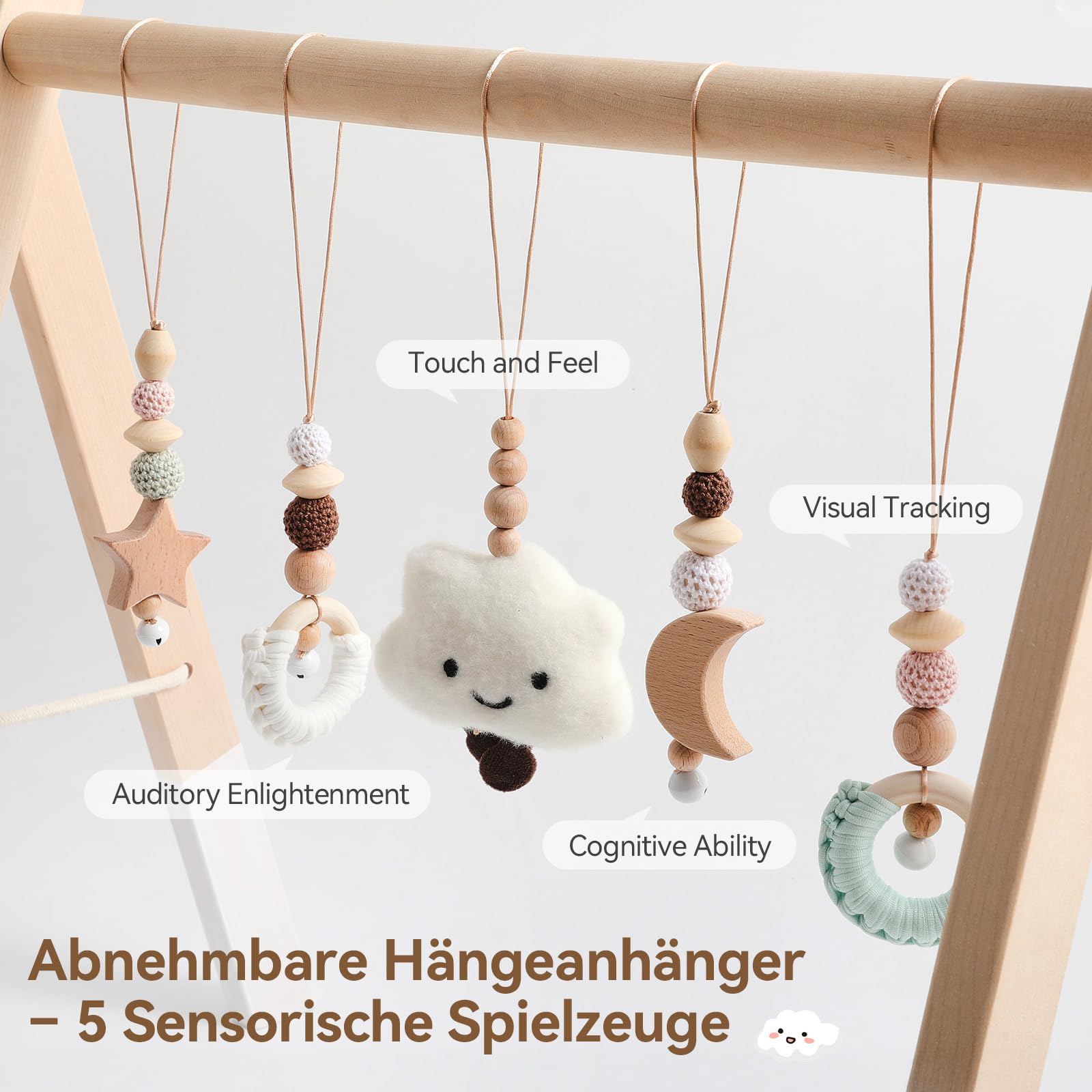 let's make Spielbogen Baby Holz- Montessori Spielbogen mit 5 abnehmbaren Sensorischen Spielzeugen, Faltbar Baby Gym Activity Center, Neugeborenes Geschenk für 0-18 Monate (Style B)
