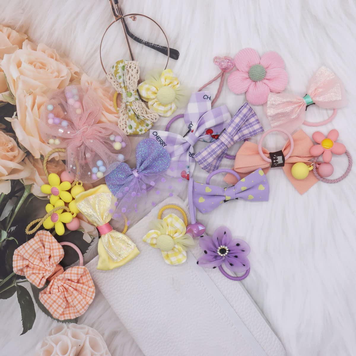 FZBNSRKO 44pcs Colorful Flower Hair Ties, Handmade Hair Bows Ties/Cute Girls Hair Tie/Colorful Elastic Kids Hair Ties for Baby Girls Infants Toddlers(Random Style, Mixed Style-1)