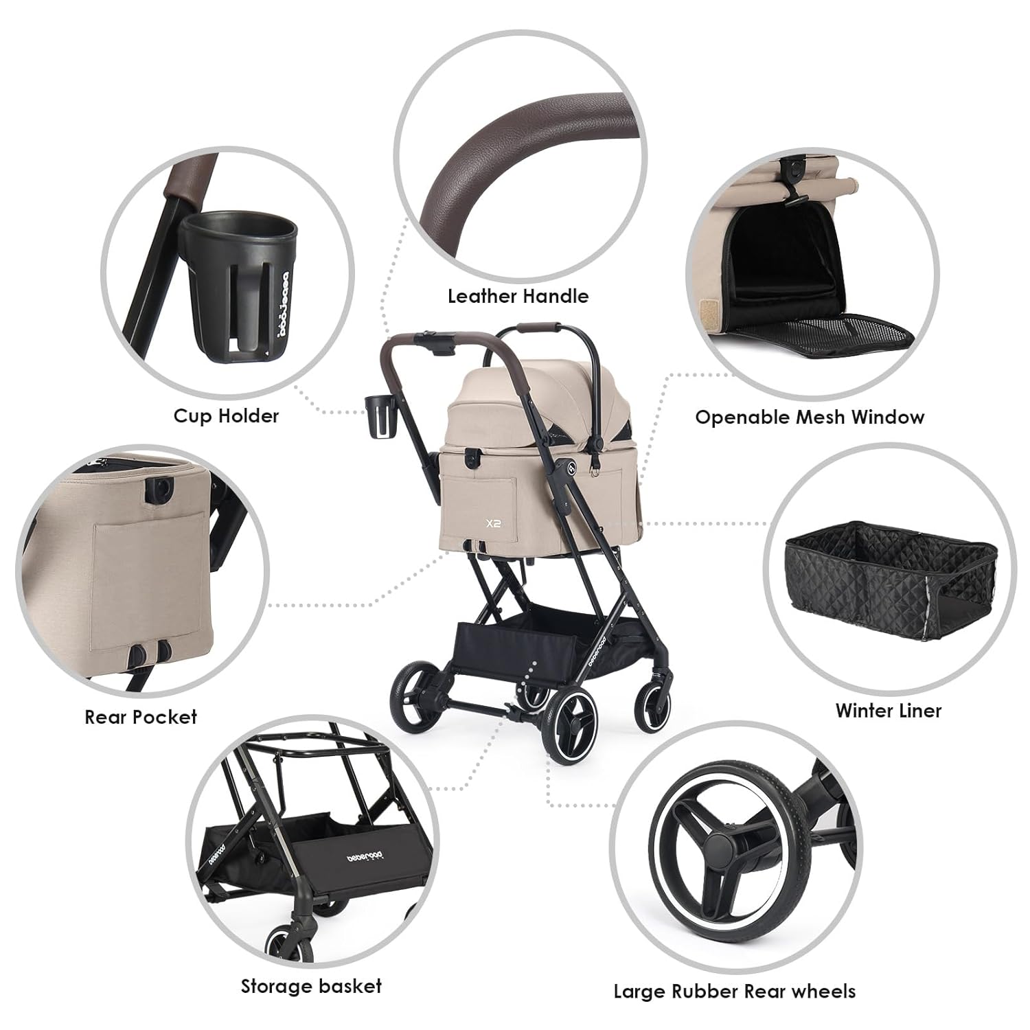 X2 Pet Stroller, Dog Cat Stroller for Small Pets, Equipped with Detachable & One-Click Folding Carrier, Waterproof Pad & Sunshade Canopy,Camel