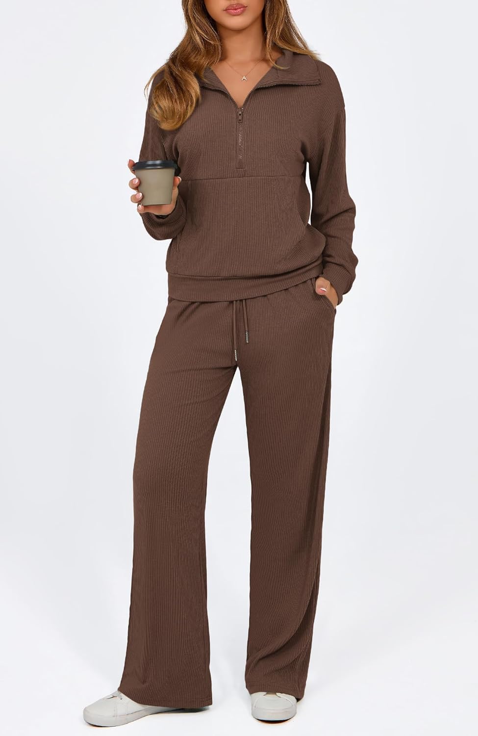 BTFBM Womens 2 Piece Sweatsuits Set Long Sleeve Half Zip Pullover Sweatshirt Wide Leg Sweatpants Fall Outfits Tracksuit