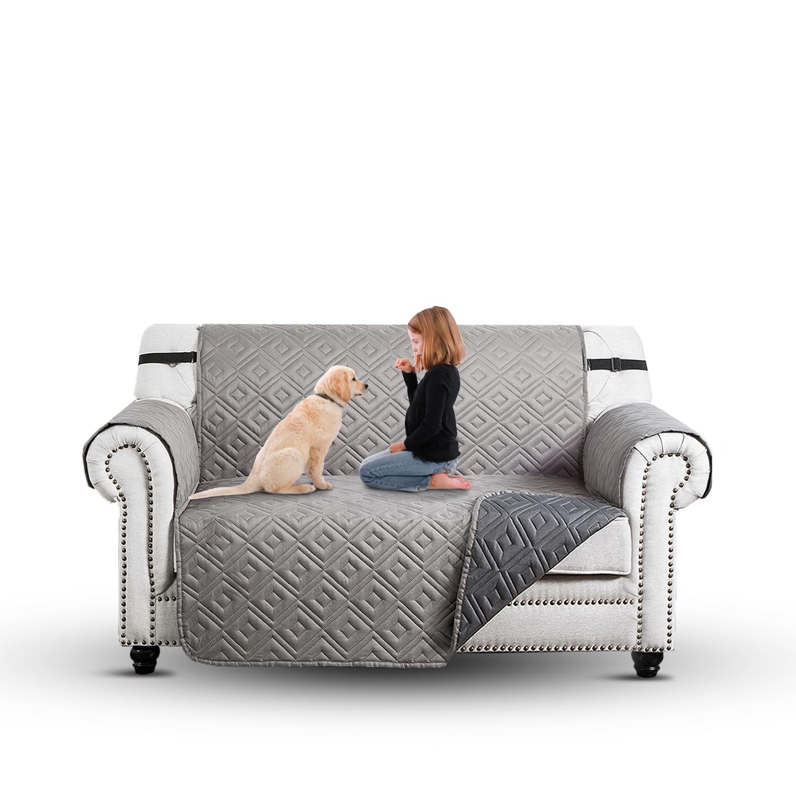 Moonlight Bedding Light Grey-Dark Grey Water Resistant Sofa Cover 2 Seater Sofa Protectors From Pets/Kids Reversible Quilted Couch Covers Non-Slip Furniture Slipcovers With Elastic Straps (Loveseat, Light Grey/Dark Grey)