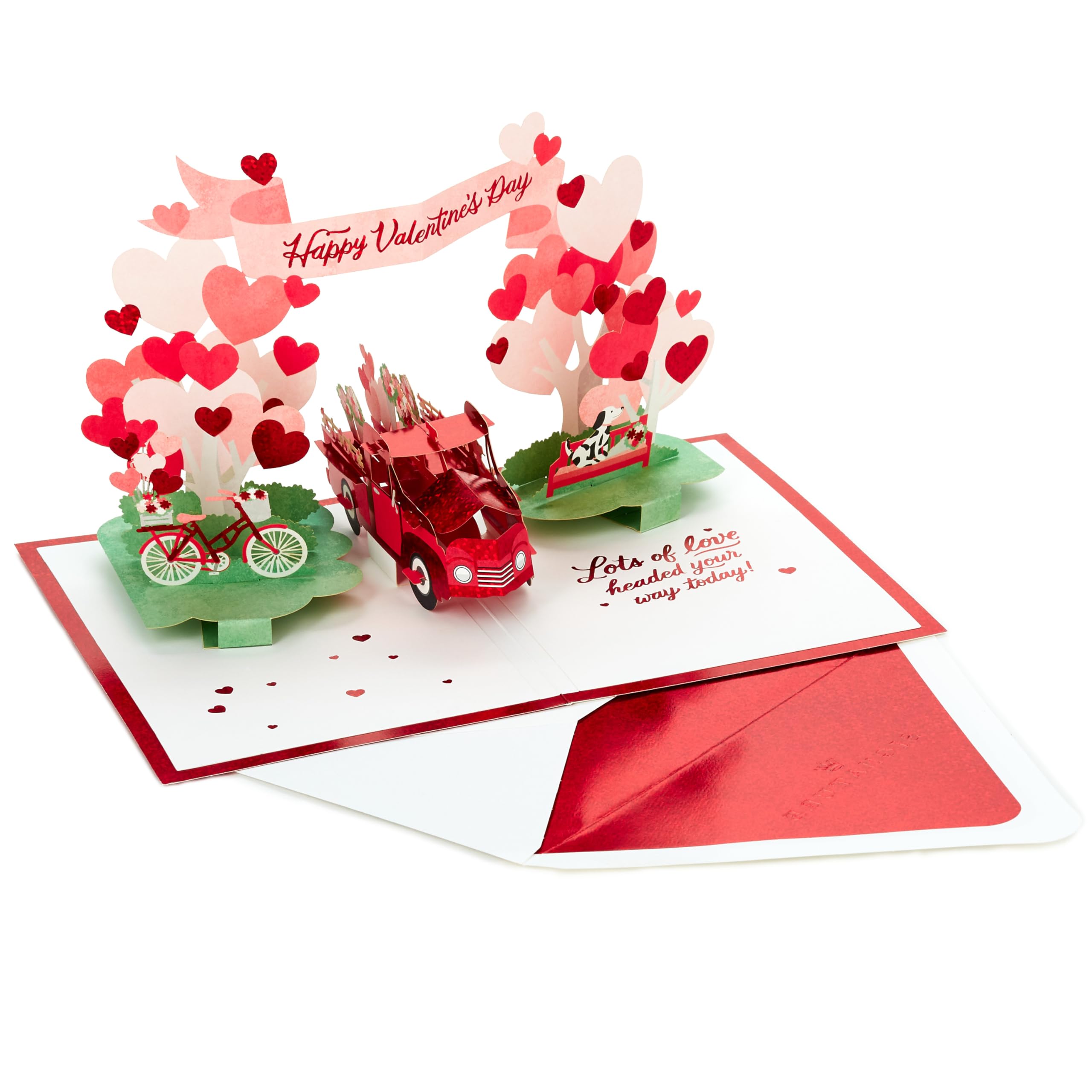 Hallmark Valentines Day Card, 3D & Pop Up, Red Truck, Dogs, Flowers, Archway, Red, White, Pink, 3D Truck Card