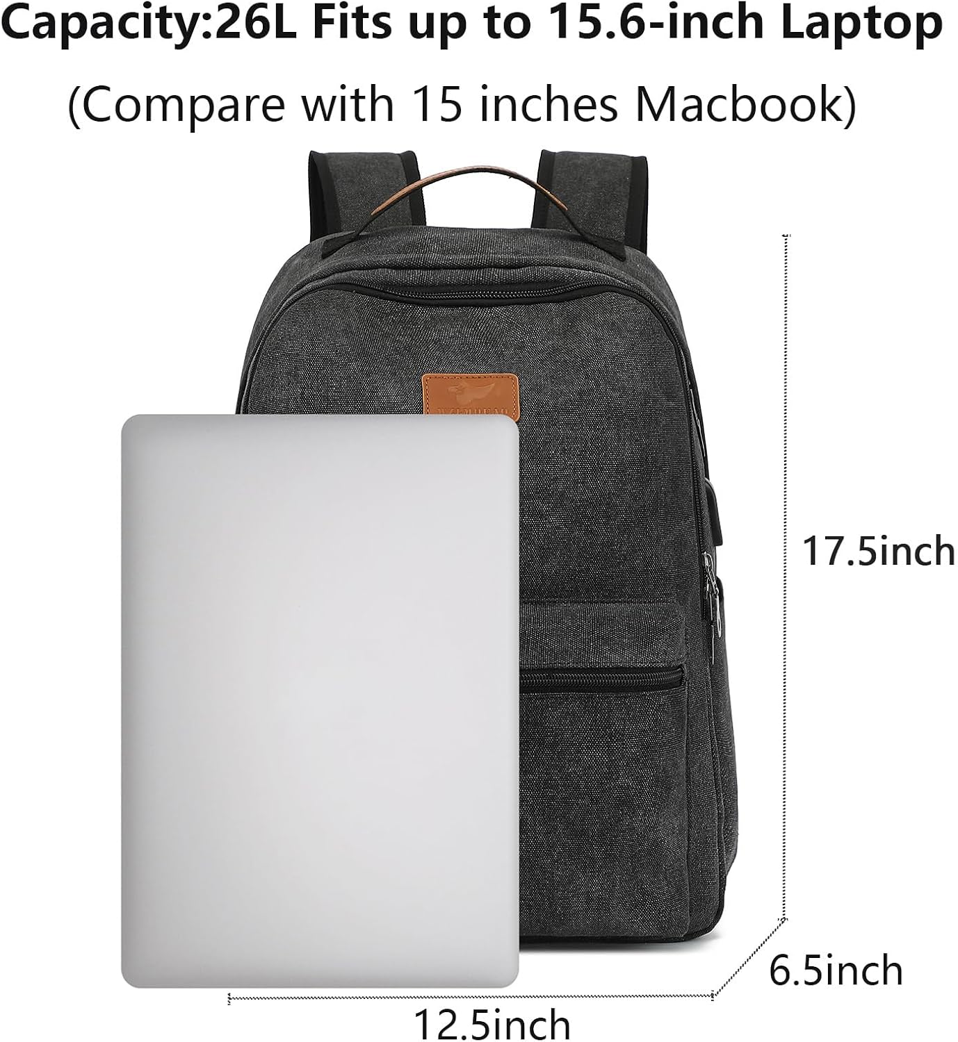 Waterproof Canvas Backpack, Laptop Backpack with USB Charging Port, Vintage Backpacks for College Students, Casual Daypack for Men & Women, Travel Work Backpack Fits 15.6 Inch Laptop, Black