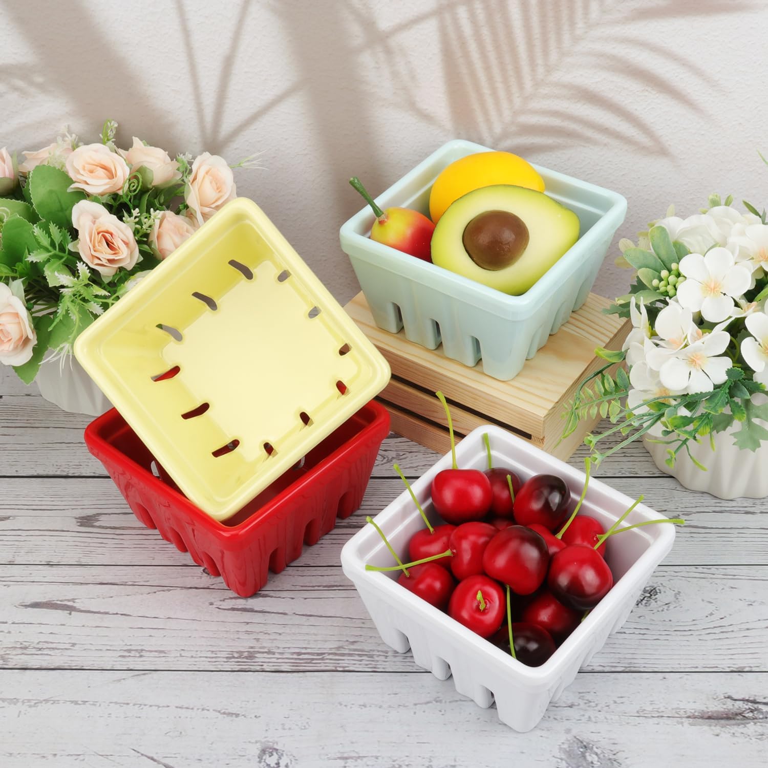4 Pack Ceramic Berry Basket, 5.1 Inches Square Ceramic Fruit Bowls with Draining Holes, Rustic Stoneware Berry Bowls for Strawberries, Grapes, Cherries & More