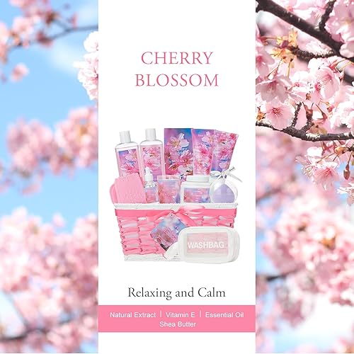 Miniatura 6 de Juego de regalo de baño y cuerpo, cesta de regalo de lujo para spa en casa, kit de spa de flor de cerezo para mujeres, cesta de baño, regalos de