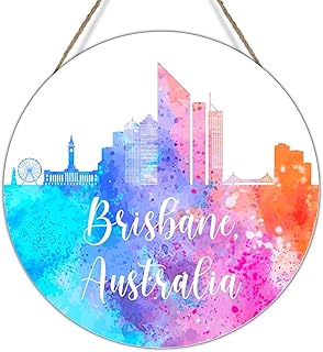 Australia Brisbane Skyline in Watercolor Door Signs Australia Brisbane Wood Wall Art Sign Colorful City Landscape Wood Sign Kitchen Laundry Room Wall Decor 12x12in City Souvenir Gift