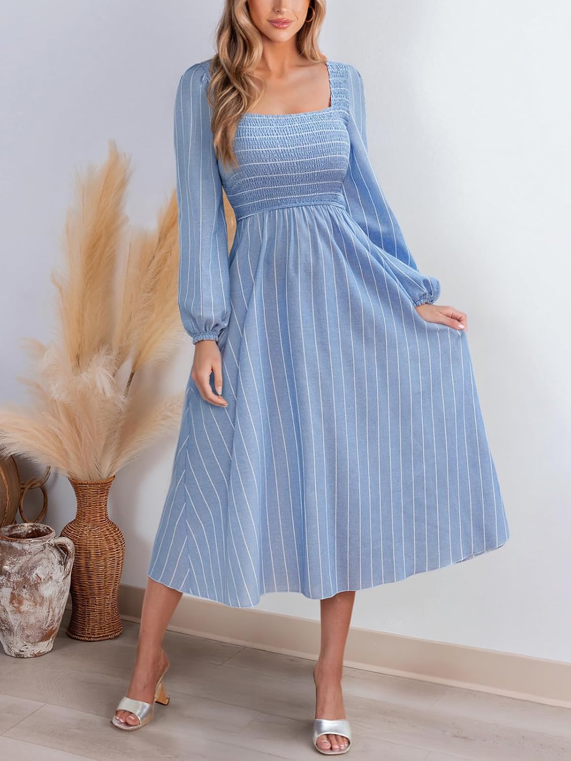 CUPSHE Women's Fall Dresses Long Sleeves Square Neck Striped Casual Outfits Smocked A Line Ruffled Flowy Midi Formal Dress - Image 5