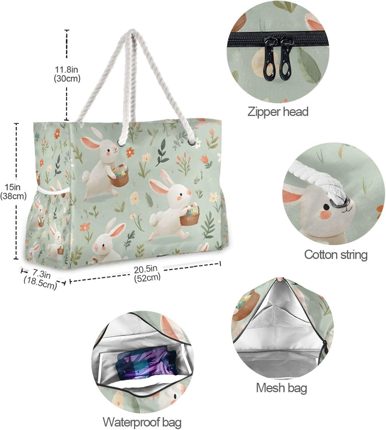 OTVEE White Rabbit and Floral Print Beach Bags for Women Ladies Large Canvas Tote Shoulder Bag Waterproof Travel Bags for Gym Swim Pool Camping
