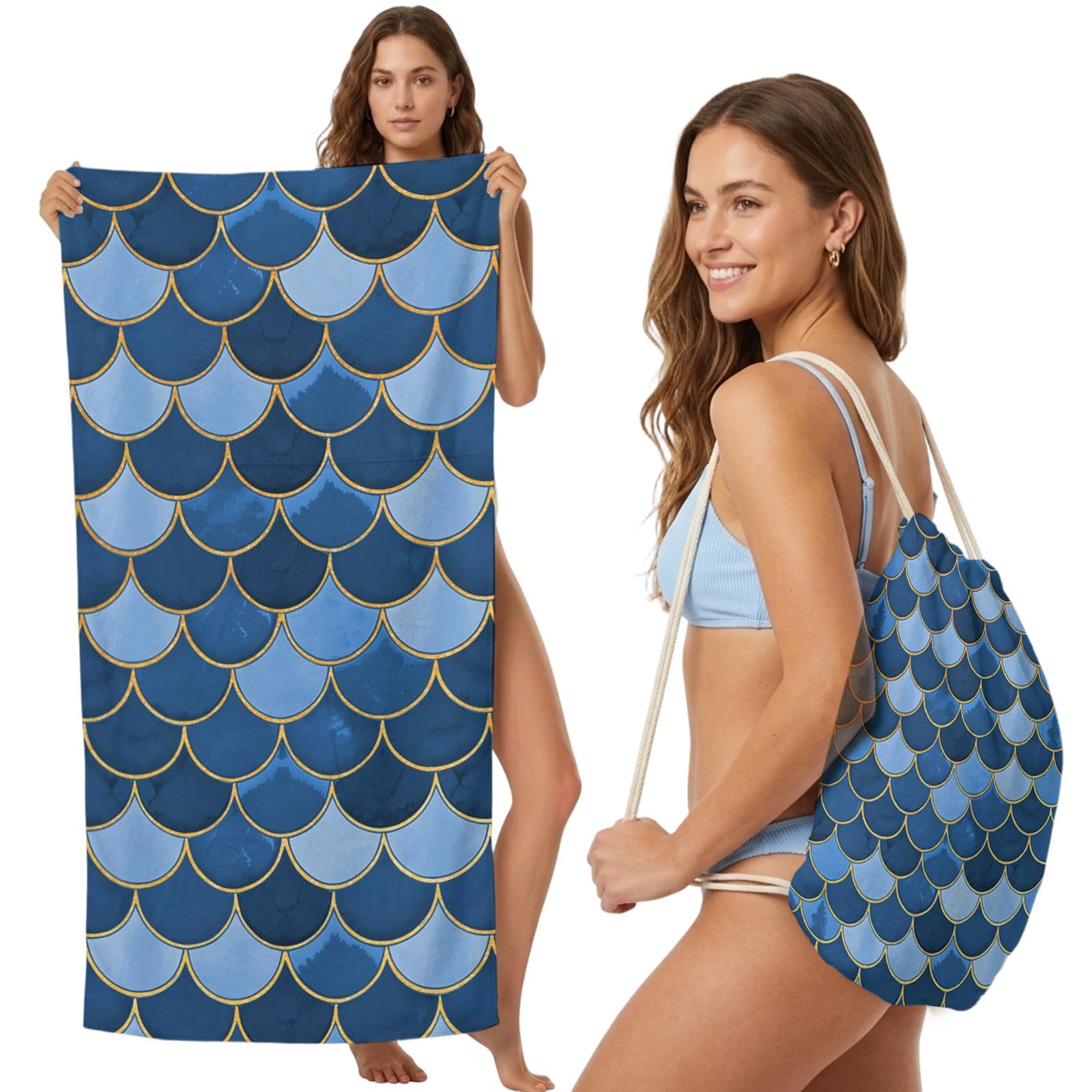 Beach Towel Bag 2 in 1 Blue Fish Scales Bath Pool Towels Backpack Ombre Fish Tail Absorbent Beach Towel Soft Quick Dry Lightweight Packable Towels Drawstring Bag for Travel Camping Sports Yoga Picnic
