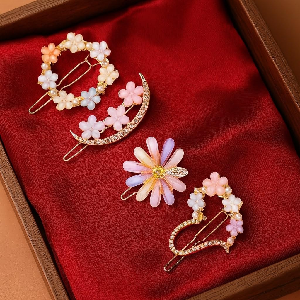 Shanya Floral Hair Clips Set of 4 – Stylish Pastel Pearl & Crystal Decorative Hair Accessories for Women & Girls-image-10