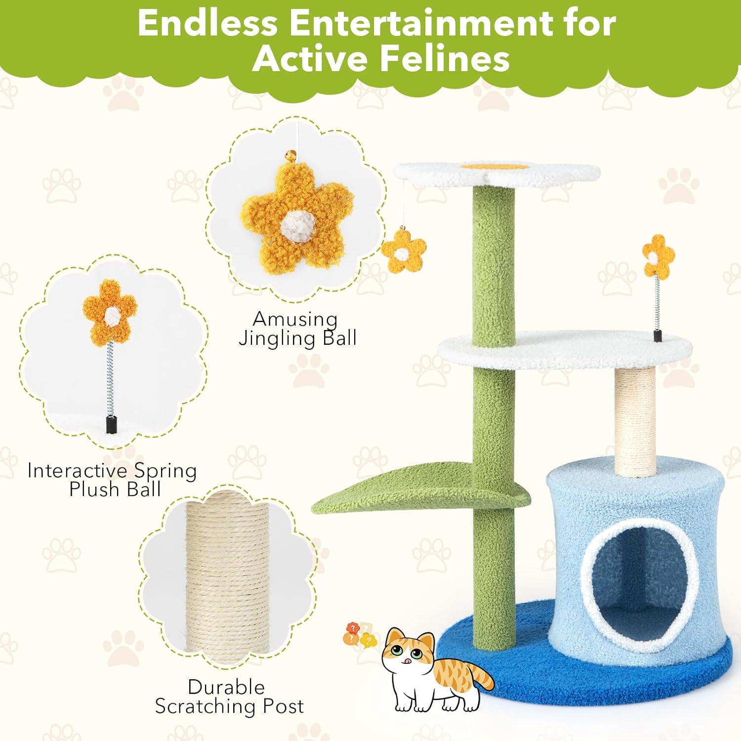 PETSITE 34.5 inch Cute Small Cat Tree, Flower Cat Tree with Sisal Scratching Post, Plush Top Perch, Cat Condo, Fluffy Spring Ball & Jingling Ball