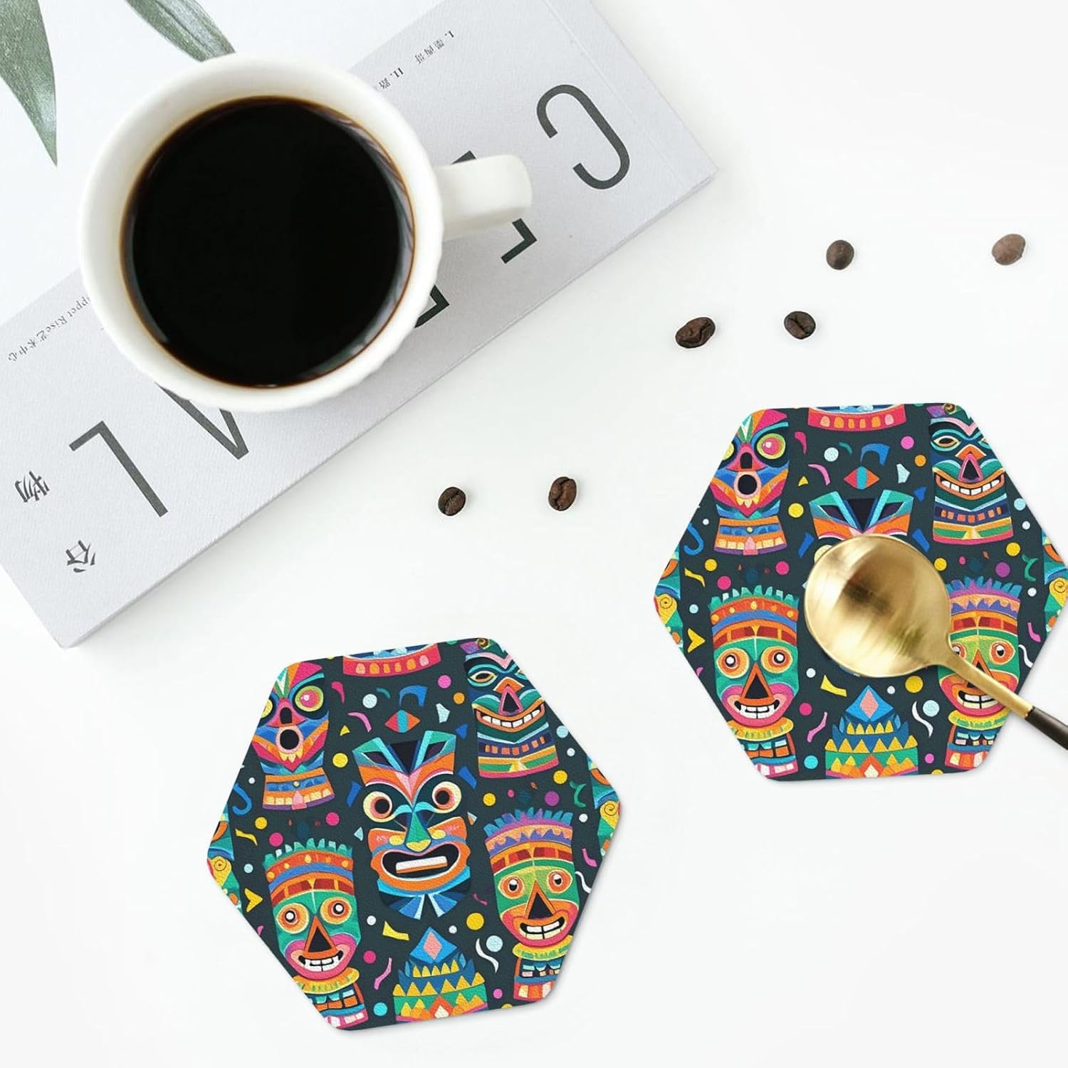 Coasters Set of 4 Absorbent Quick-Dry Coasters Set Colorful Tiki mask Pattern Coasters Heat Resistant Cup Mat Easy to Clean Non-Slip Drink Coasters for Coffee Table Office Bar Home Decor image 5