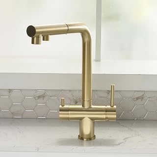 Grifo de cocina de 3 vías con rociador extraíble, grifos extraíbles (oro cepillado)