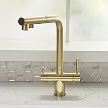 3-Way Kitchen Tap with Pull-Out Spray, 3-Way Kitchen Mixer Tap with 360° Swivel Kitchen Tap Drinking Water Tap with Filtered Water Outlet (Gold Brush)