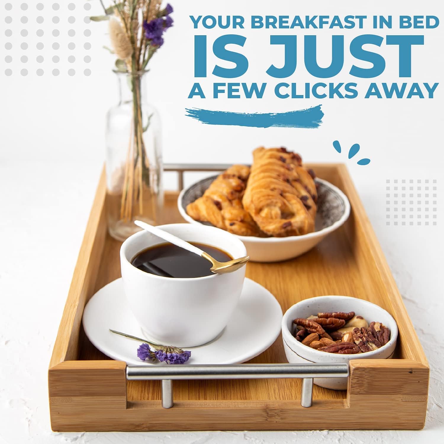 Modern Bamboo Serving Trays with Metal Handles – Set of 2 Bamboo Trays That Nests – Large and Small Trays Set for Food, Ottoman Décor & More – Bamboo Trays for Breakfast - Natural Color : Home & Kitchen