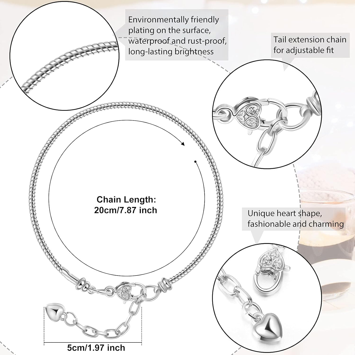 Junkin 12 Pcs Snake Chain Charm Bracelet with Heart Lobster Clasp Extender Adjustable Christmas DIY Metal Bracelet Chain for Women Jewelry Making Gifts Supplies 7.87 Inches - Image 3