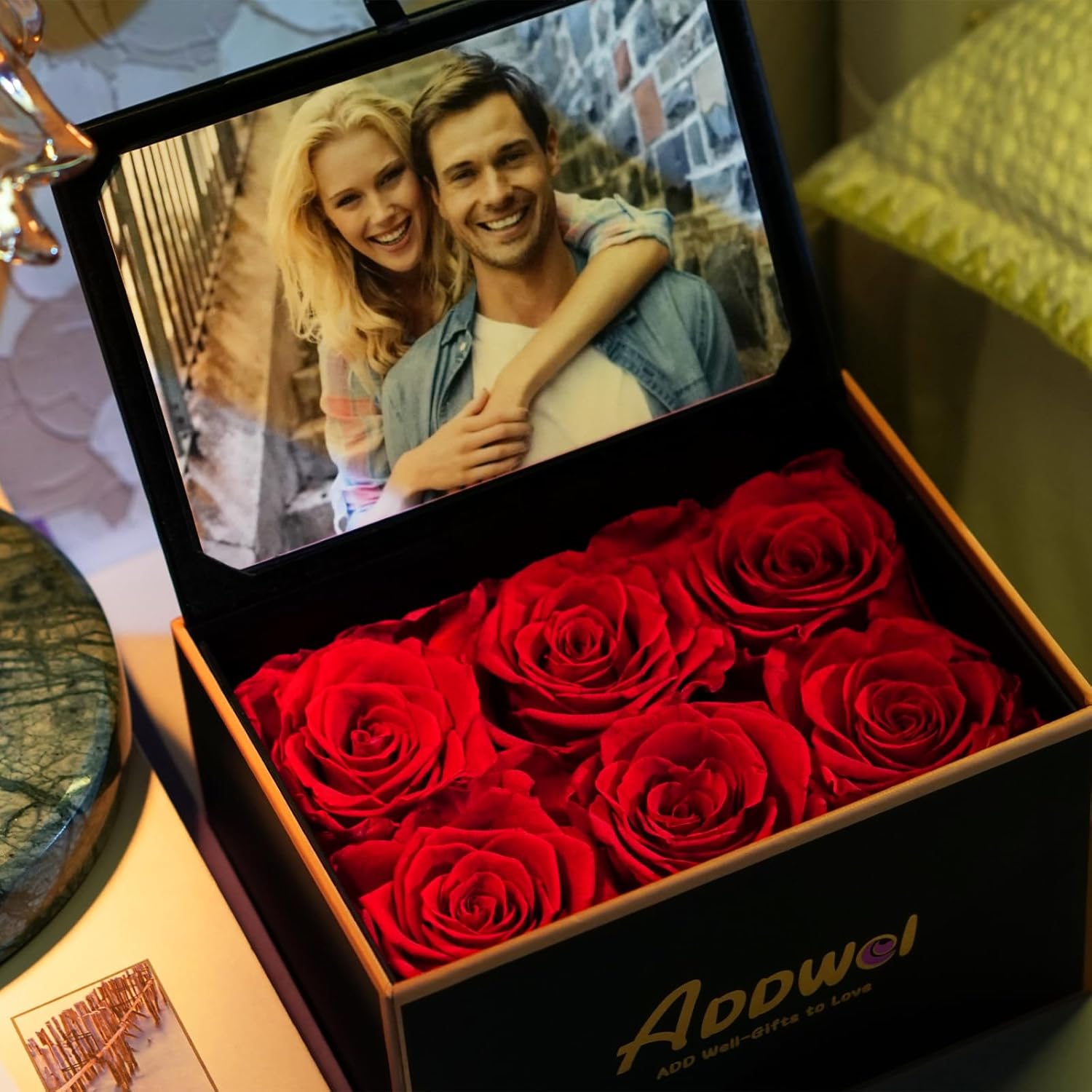 ADDWel Mother's Day Gift Bundle: Preserved Real Roses with 4x6 Photo Frame & "I Love You Mom" Keychain – Sentimental Birthday Gifts for Mom from Daughter Son