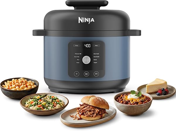 Ninja HyperHeat 9-in-1 electric pressure cooker in blue macaron with digital display and PFAS-free pot