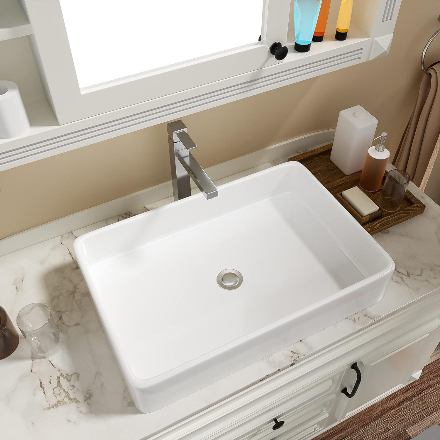 Bathroom Vessel Sink Rectangular - IOROYO 24"x16" Rectangle Vessel Sink Above Counter White Ceramic Porcelain Bathroom Guestroom Lavatory Vanity Vessel Sinks