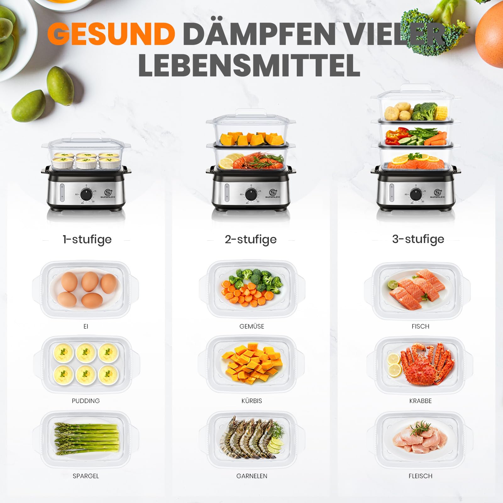 Dampfgarer Elektrisch 950W 3 Schichten 9L Edelstahl 60 Min Timer Antihaft Spülmaschinengeeignet