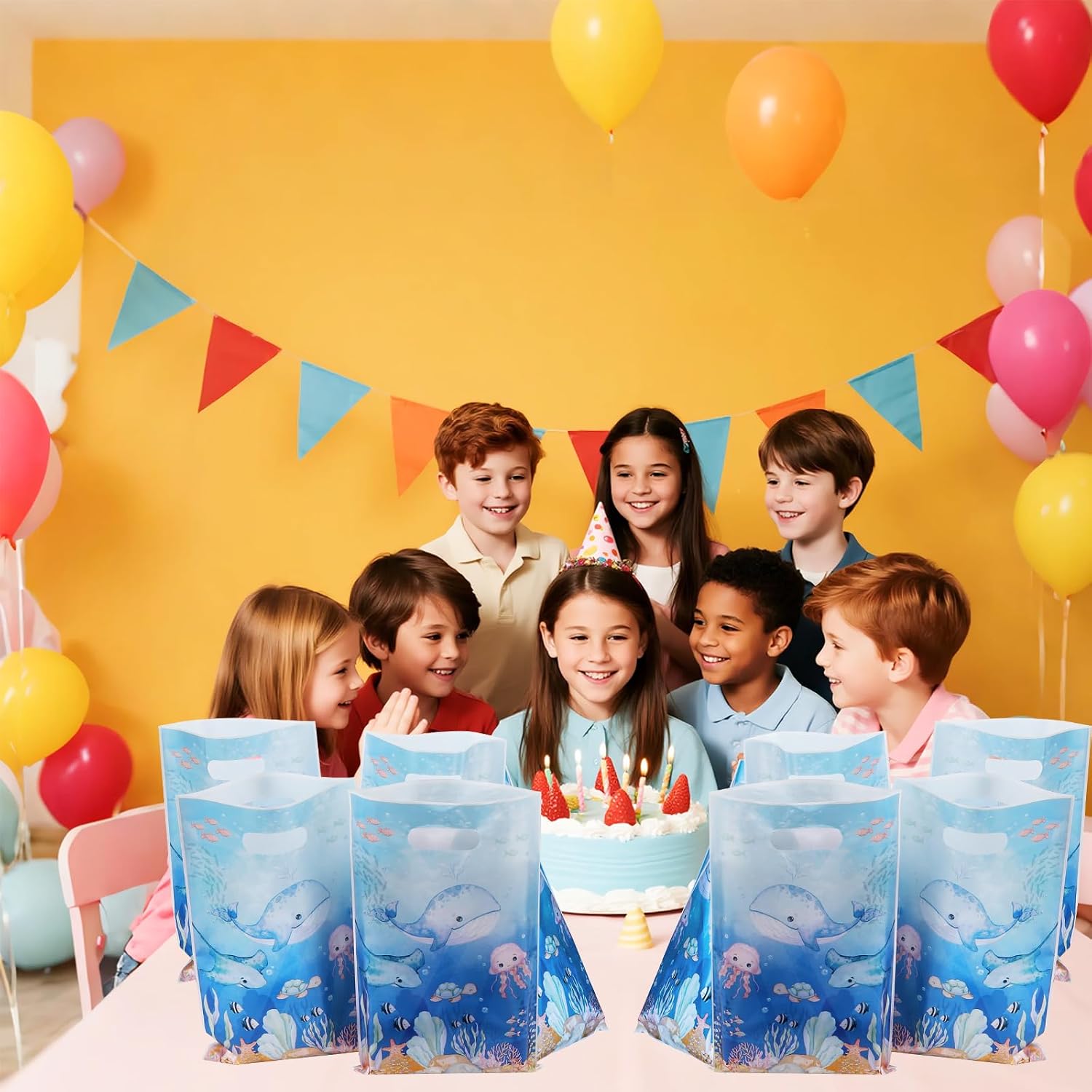 Mikzhskr 30Pcs under the Sea Party Favors Bags with Handle Blue Ocean Animals Themed Goodie Candy Snack Bag Plastic Waterproof Whale Shark Gift Pack for Kids Birthday Decoration Supplies, 9.8 x 6.5 in