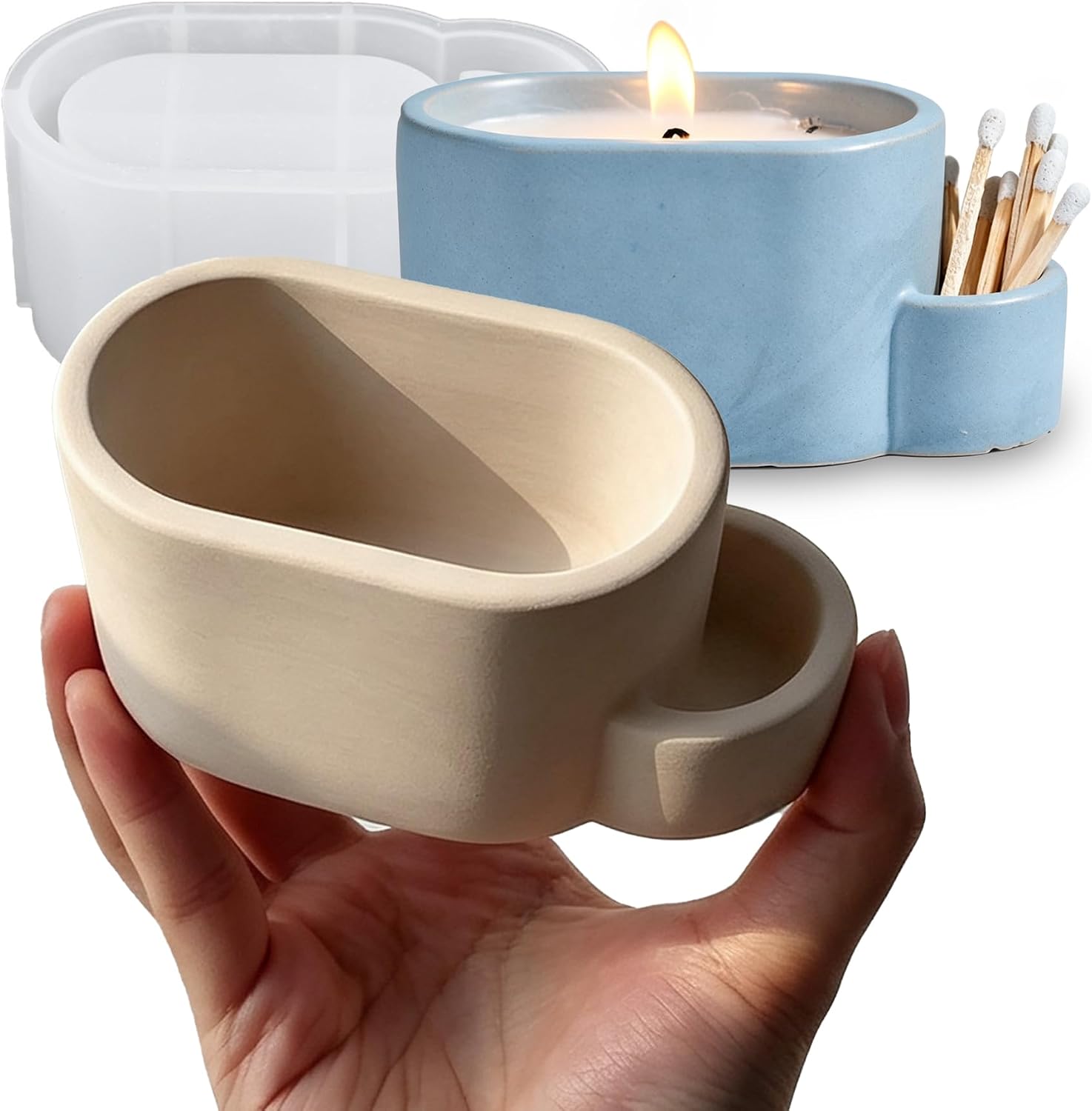Wehous Oval Candle Holder Mold with Match Holder, Unique Storage Resin Concrete Molds Candle Vessels Jewelry Holder Trinket Container Plant Pot Jar Box Mold for DIY Storage Craft Decor