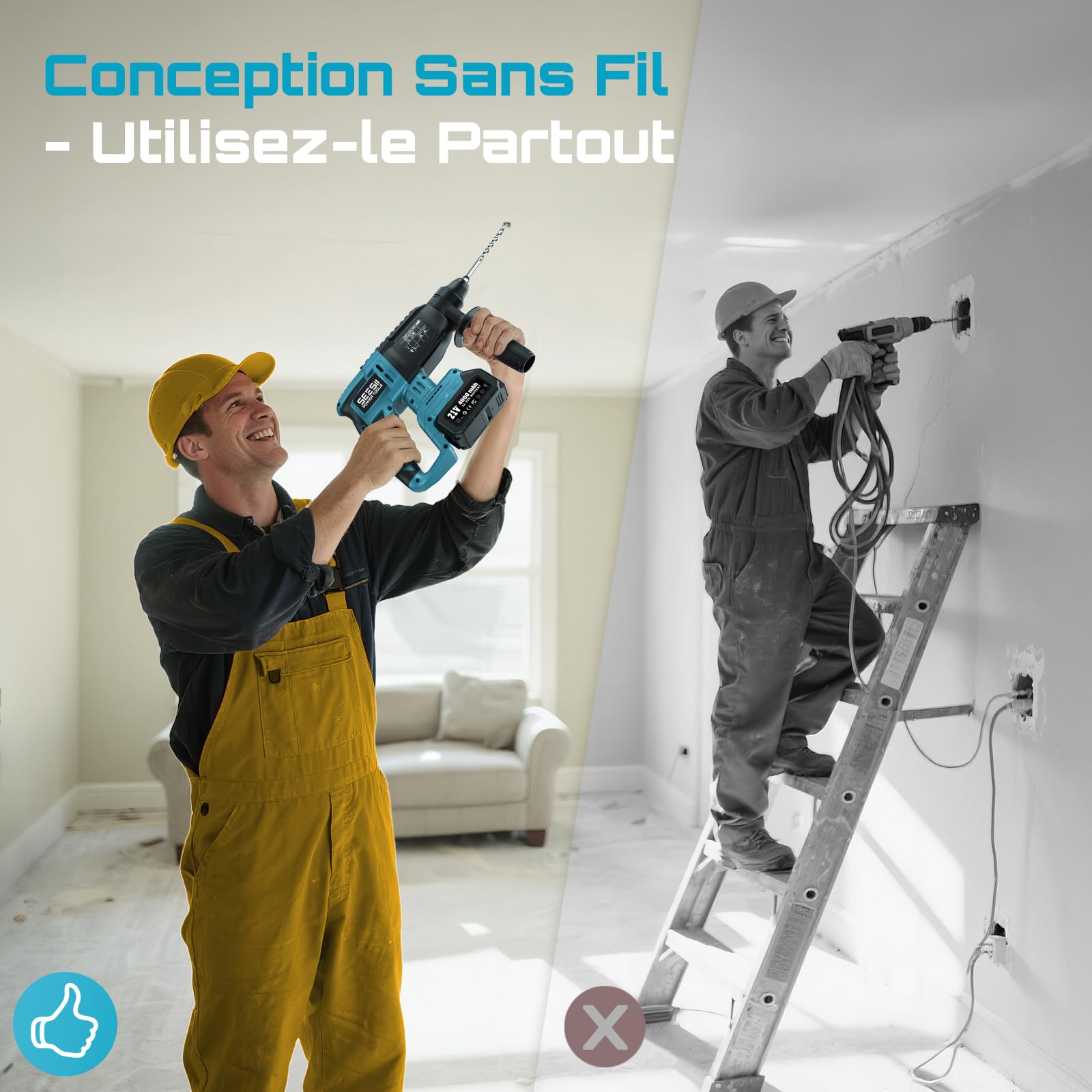 SEESII Marteau Perforateur Sans Fil: 600W, 2,5J D'Énergie D'Impact, Brushless, 3 Fonctions, SDS-PLUS, 2x 4,0Ah Batteries, Chargeur, Forets, Burins, Idéal Pour Le Bricolage Et Les Rénovations