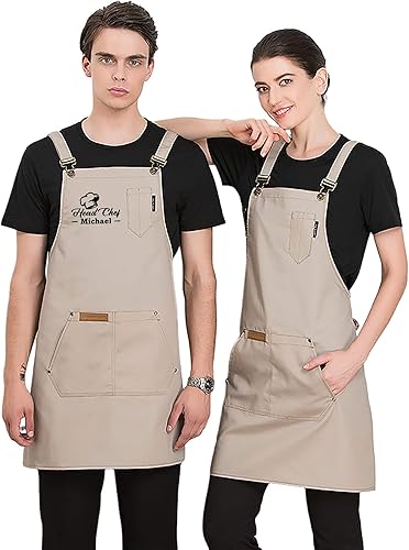 Miniatura 5 de Rubin Delantal personalizado bordado con nombre para cocinero para hombres y mujeres adultos, Beige