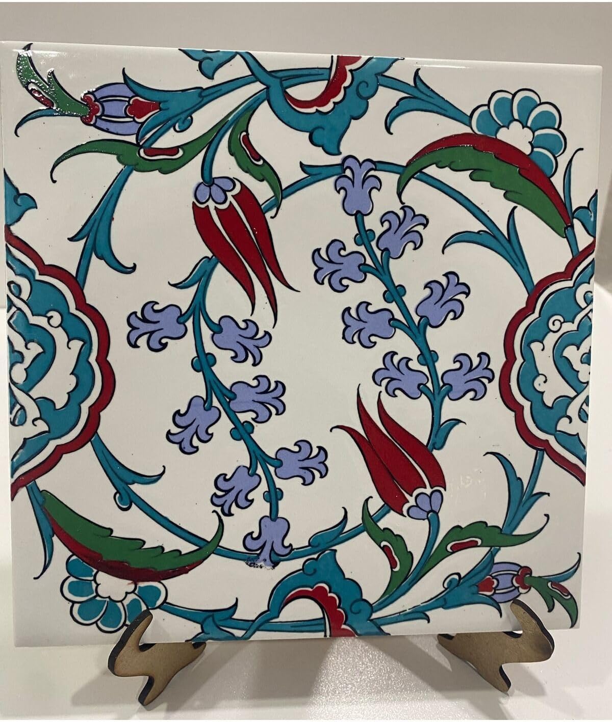SODEF Iznik Dönence Ceramic Tile Panel with Floral Design, Decorative Wall Art - White, One Size