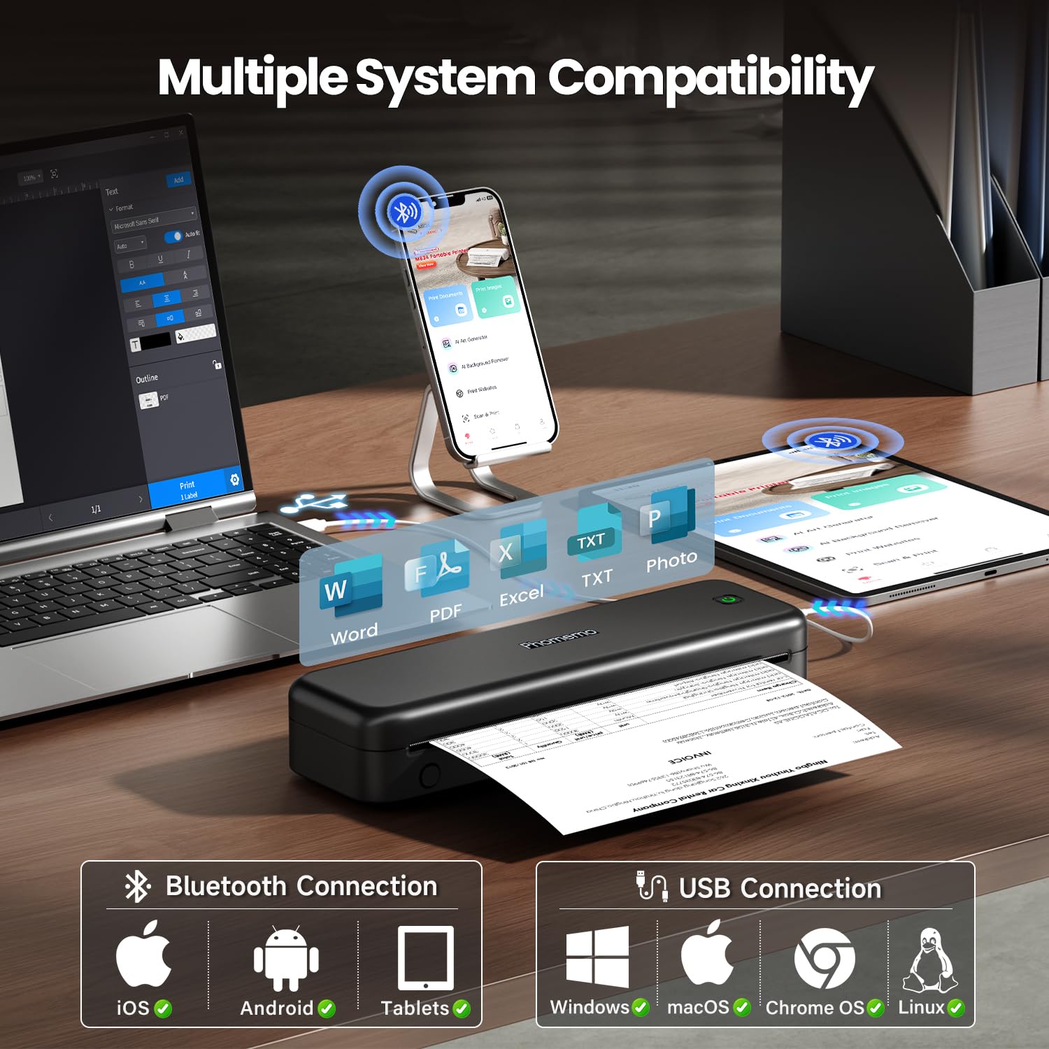 Phomemo M834 Stampante Portatile A4, Stampante Termica Portatile, Connessione Bluetooth e USB, Supporta Carta Termica A4, Con Custodia per il Trasporto e 4 Rotoli di Carta Termica, Nero