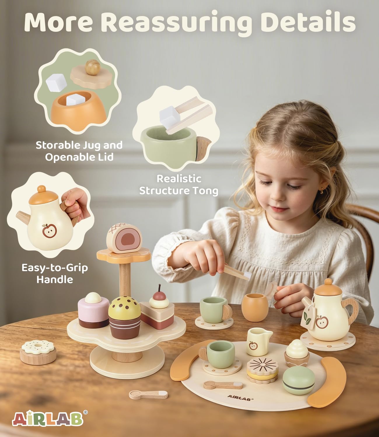 Airlab Juego de Té de Madera para Infantil, Accesorios de Cocina de Juego de rol de Fiesta con Soporte para Tartas, Juguete Educativo Montessori, Regalo de Cumpleaños para Niños y Niñas de 3 4 5 Años