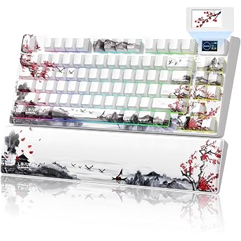 SK80 Pro Mechanical Keyboard 75% Gaming Keyboard 3 Modes Hot-Swap Plum Blossom Theme Seal Mount RGB Keyboard for Mac/Win White