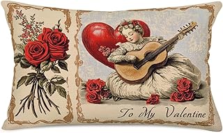 Valentine's Day Throw Pillow Cases Cotton Linen Cupid with Guitar Rose Flower Red Sweet Heart Birds to My Valentine Decorative Pillow Covers 12x20 Inch Waist Lumbar Cushion Cover