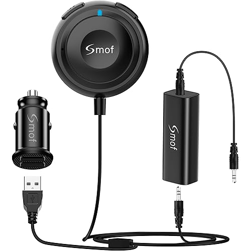 Smof Bluetooth Car Adapter, Aux Bluetooth Adapter for Car with Dual Port USB Charger & Ground Loop Noise Isolator, Wireless Audio Receiver with 3.5mm Aux Port, Hands-Free Calls, Dual Connection