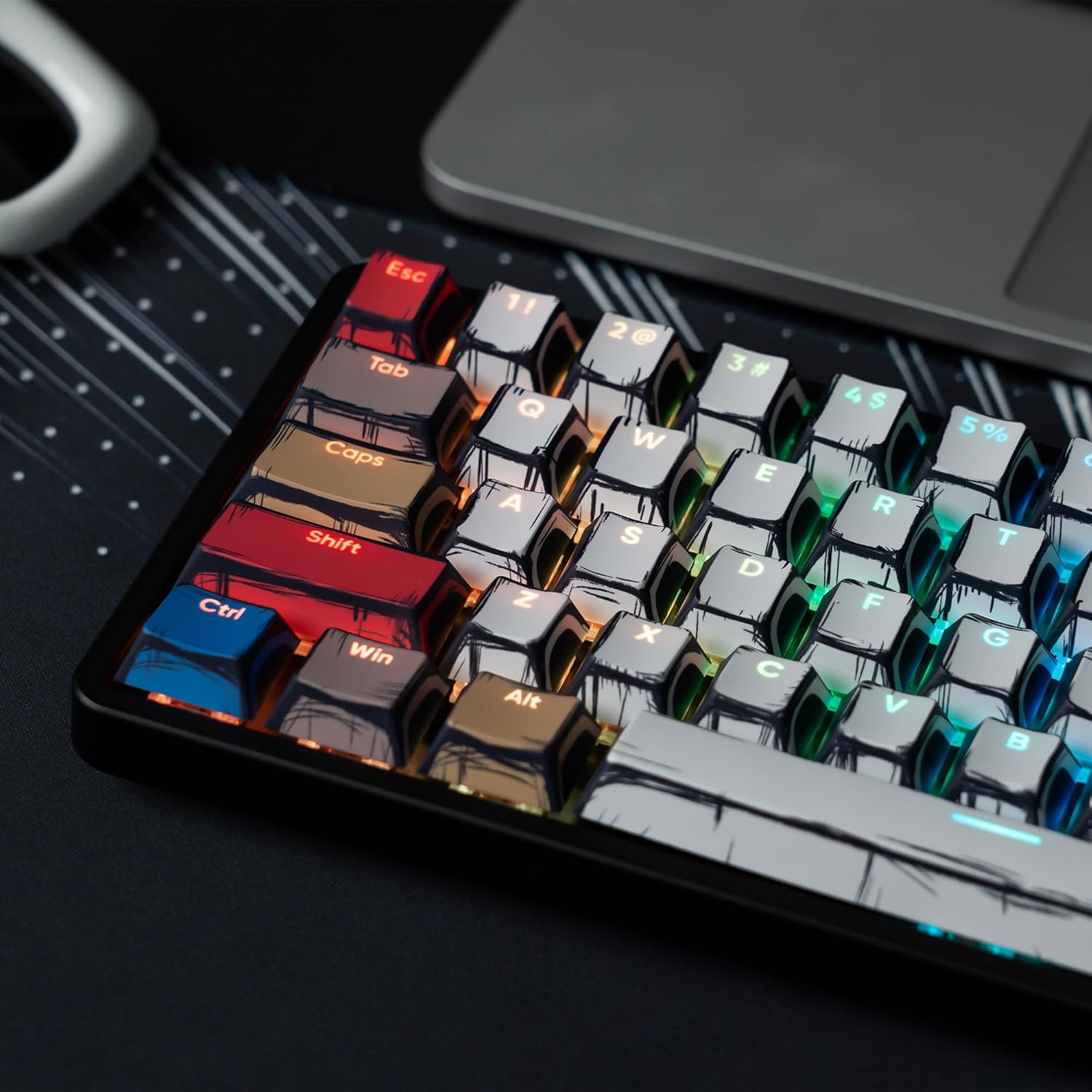 Retro Anime PBT Keycaps-Cherry Keycaps, Custom Keyboard Key caps 60 65 75 100 Percent, 5 Side Dye Sublimation 128 Keys Set for Cherry Gateron MX Switches Keyboards, White (Shine Through Manga)
