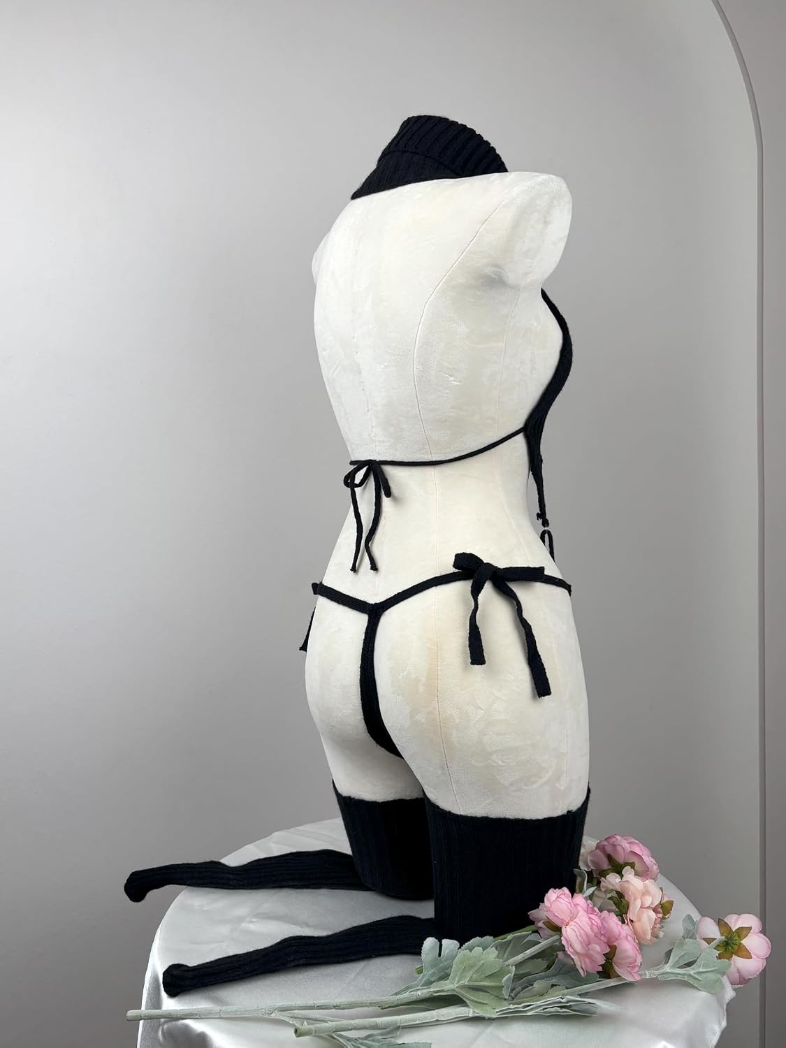 paloli Women's White Knit Sweater Lingerie Set Halter Crop Top with Garter Design, Sexy Cosplay Outfit