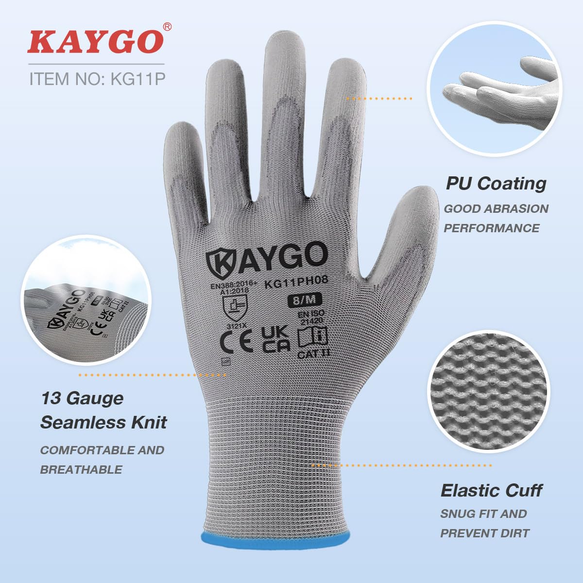 KAYGO Work Gloves PU Coated 12 works, KG11PH, Safety Working Gloves with Secure Grip on Palm & Fingers - Image 2