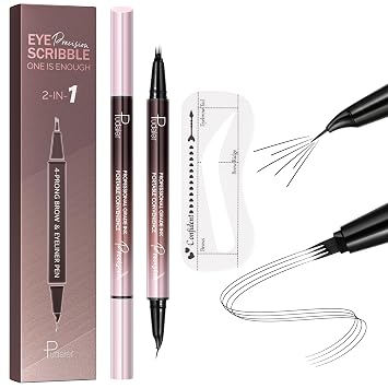 Waterproof Microblading Eyebrow Pen,2-in-1 Dual Ended Eyebrow Pen & 10 Eyebrow Stamp,4-Fork-Tip & Precise Brush-Tip for Natural Hair-Like Brows, Perfect Eyebrows Makeup. natural black