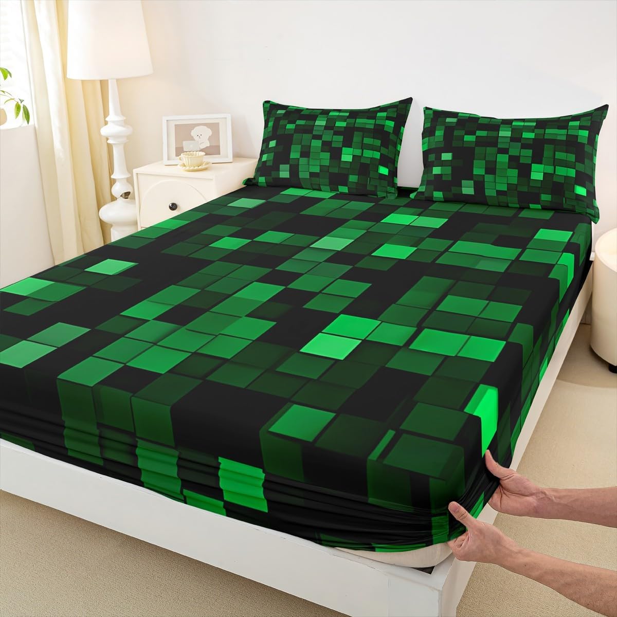 Pixelated Miners Game Kids Full Size Fitted Sheet,Geometric Check Video Games Room Decor,Gamepad Camo Grid Boys Girls Bed Sheets,Black Green Bedding Set,2 Pillowcases(No Flat)