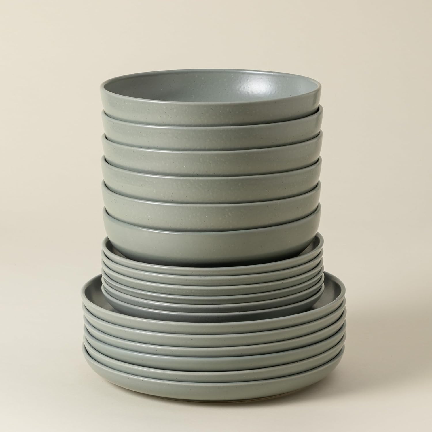 Casafina Ceramic Stoneware 18-Piece Place Setting Service for 6 with Pasta Bowls - Pacifica Collection, Artichoke Green | Microwave & Dishwasher Safe Dinnerware Set | Restaurant Quality Tableware