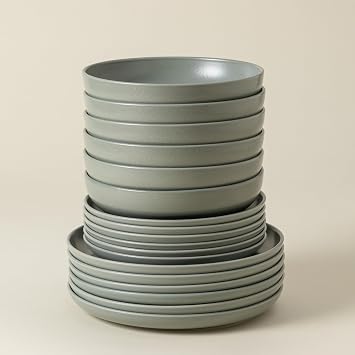 Casafina Ceramic Stoneware 18-Piece Place Setting Service for 6 with Pasta Bowls - Pacifica Collection, Artichoke Green | Microwave & Dishwasher Safe Dinnerware Set | Restaurant Quality Tableware