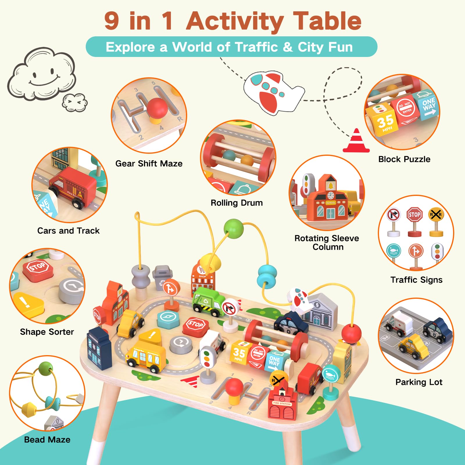 Weilim Mesa de Actividades de Madera para bebés, Juguete Montessori con Laberinto de Cuentas, clasificador de Formas y Pista de Tren, Juguete Educativo sensorial (Coche)